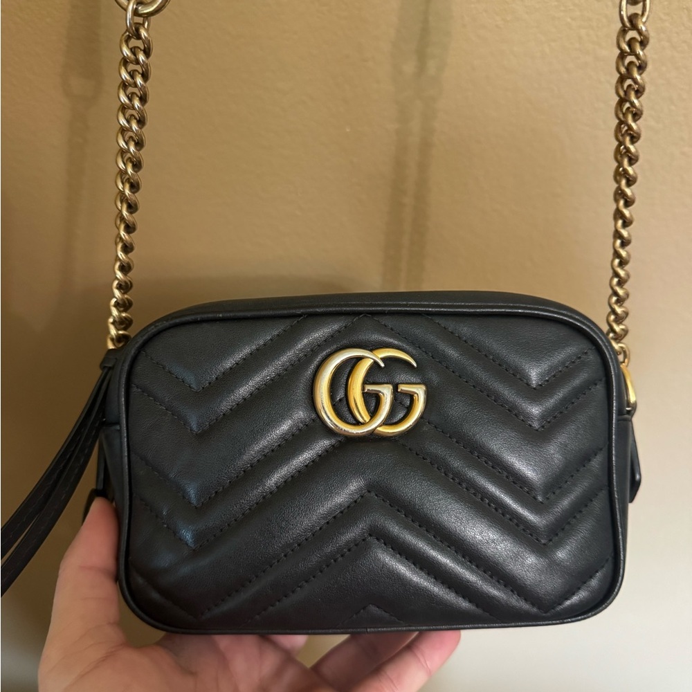 Gucci Black Quilted Crossbody with Gold Chain